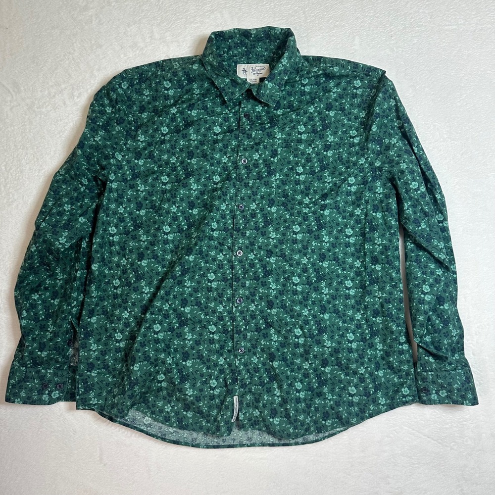 Original Penguin Men XXL Heritage Fit Green Floral Button Down Shirt Tropical